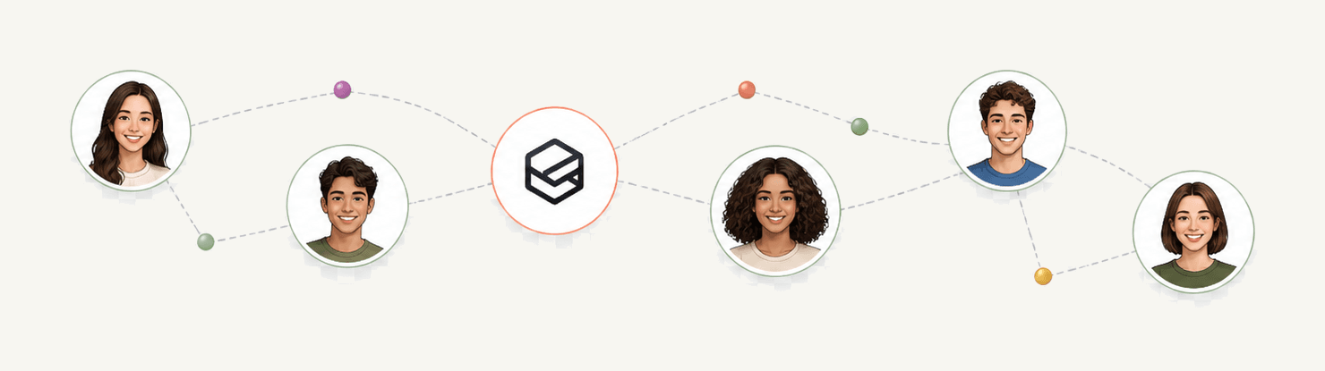 Six learners connected in a chain around the The IQ Fleet logo