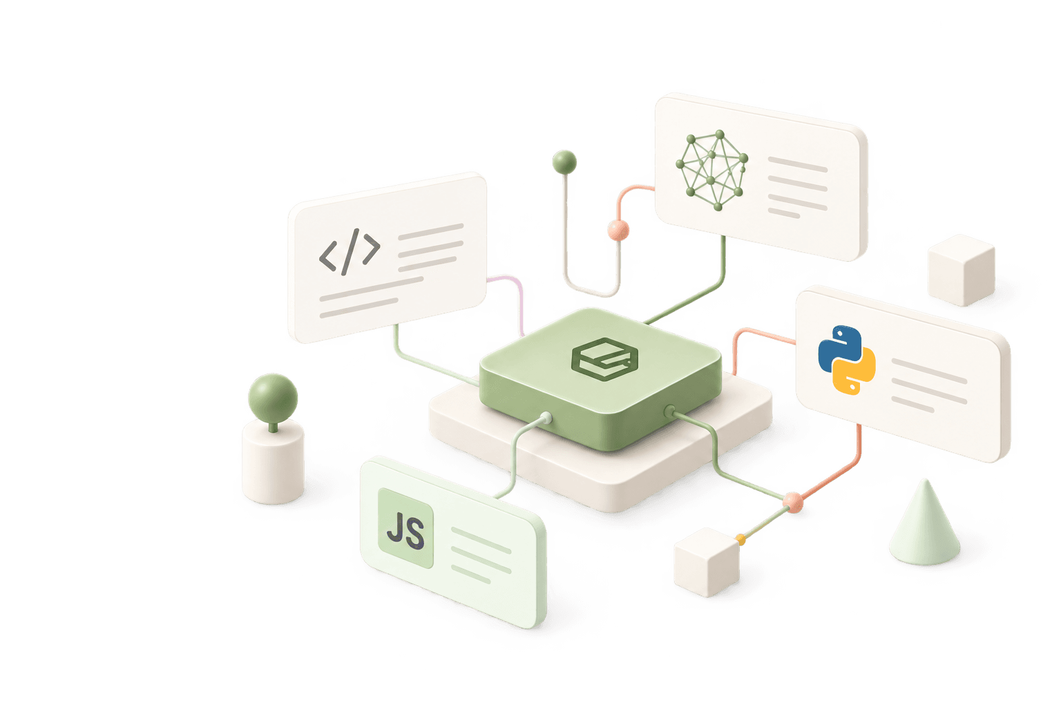 A laptop, books and coffee on a plinth, ringed by floating panels for code, Python, JavaScript and a neural network
